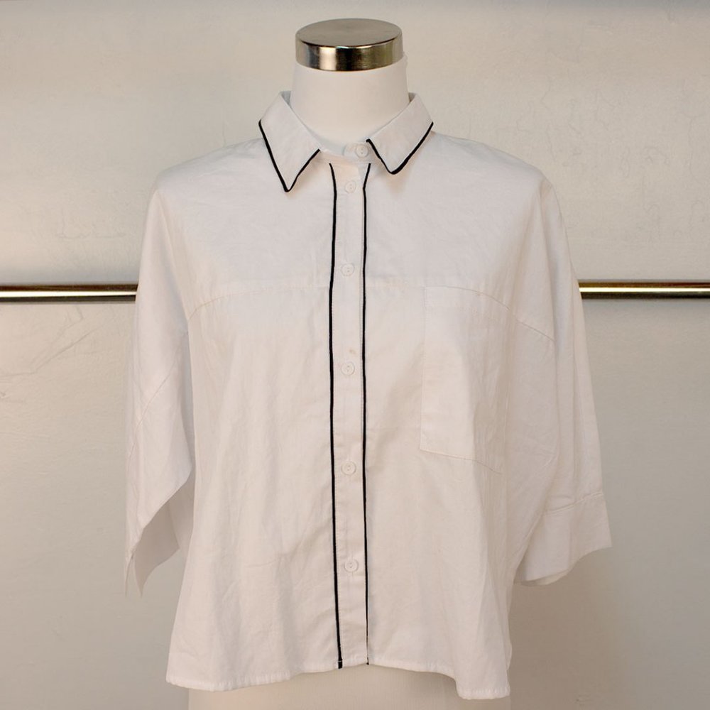 Oversized Button Up with Sheer Back and Black Trim